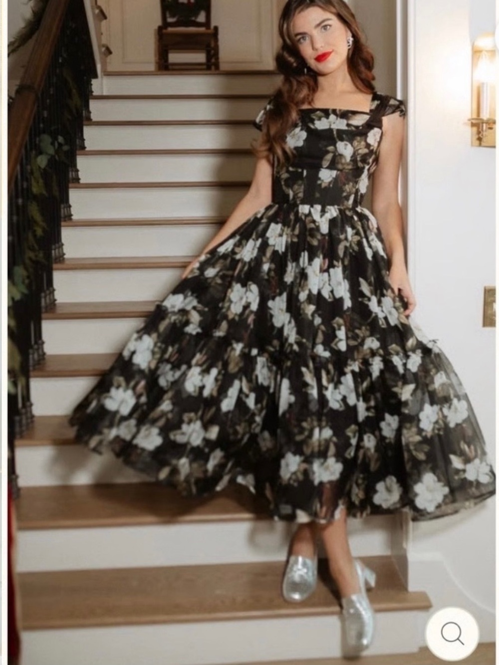 Ivy City Co Black Floral Midi Dress with White Blooms